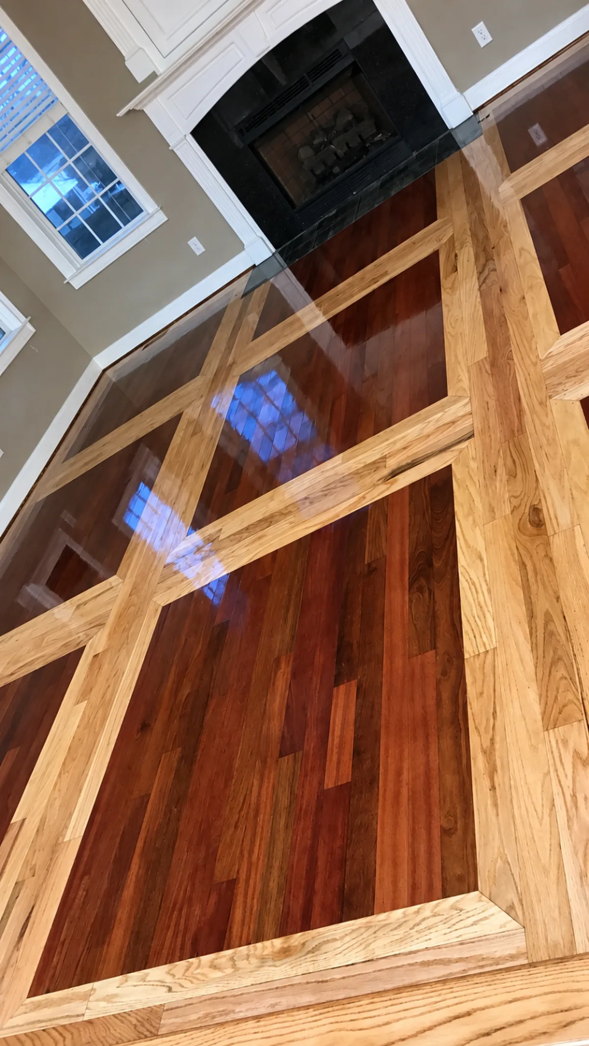 Hardwood floor with a freshly recoated protective finish